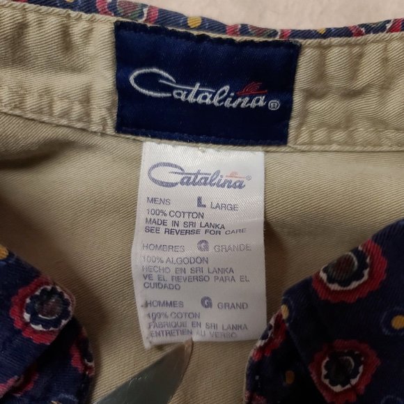 Vtg Catalina Mens Large Blue Red Floral Dots Long Sleeve Button Up Shirt - Picture 14 of 14